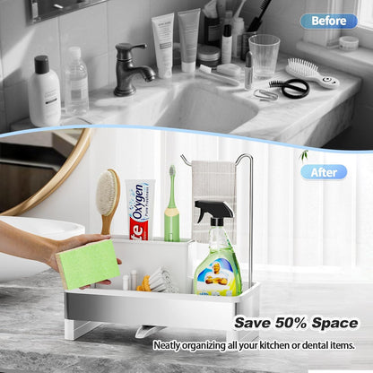 Stainless Steel Sink Caddy, Sponge Holder for Kitchen Sink with Brush Holder & Dishcloth Rack, Rustproof Sink Organizer Countertop, Kitchen Organizers Storage Essentials (E-White)