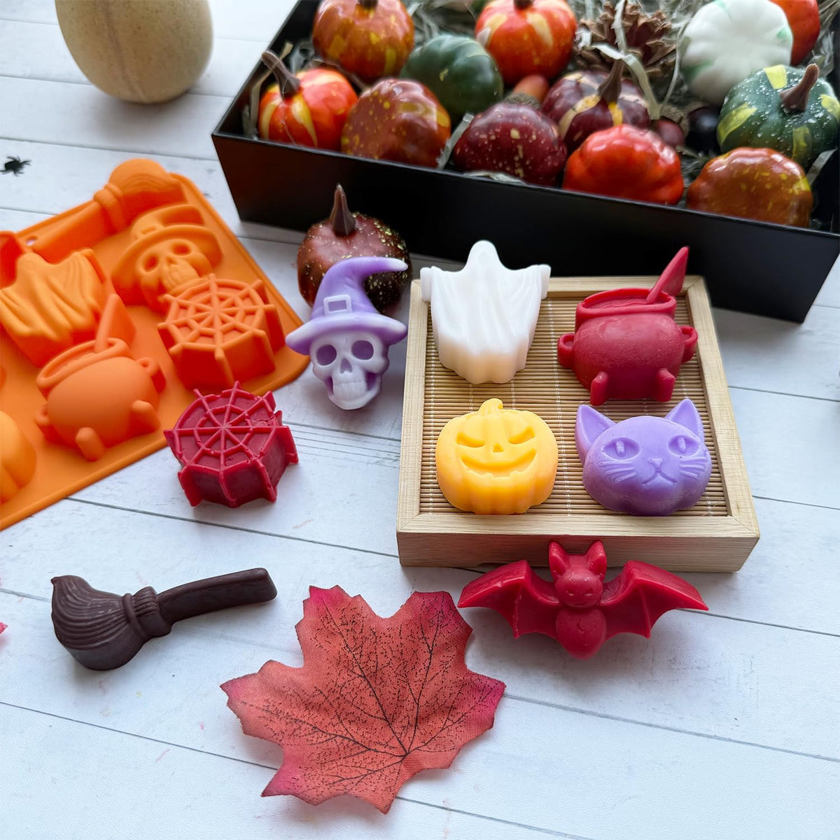 2 Pack Halloween Chocolate Candy Silicone Mold Halloween Molds Ghost Pumpkin Bat Skull Witch Hat Gummy Fondant Baking Mold for DIY Ice Cube Sugar