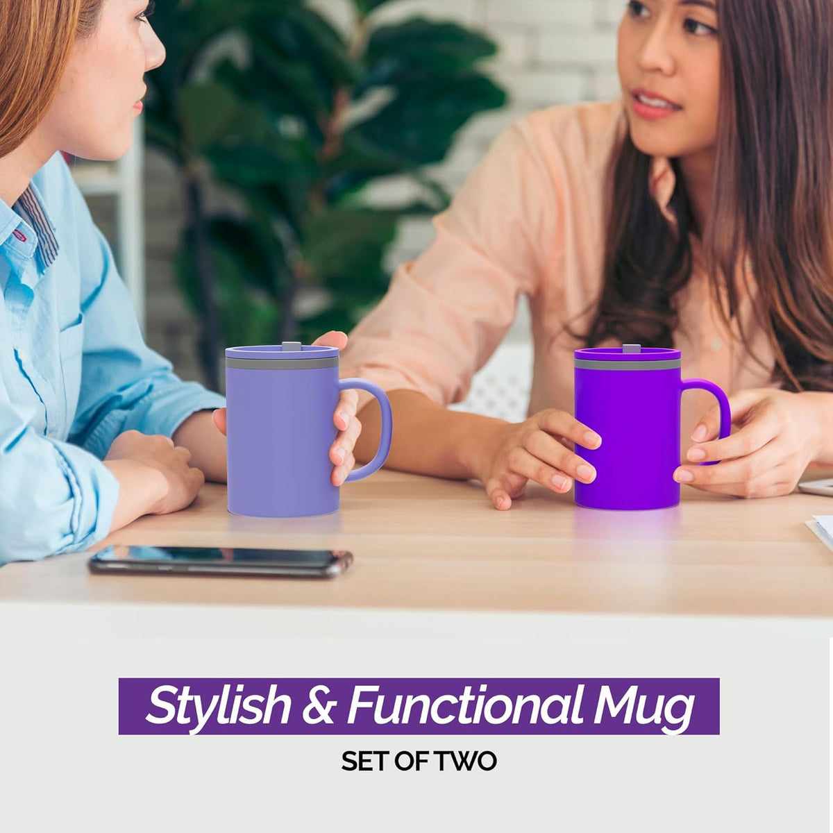 Copco Iconic 16oz Double Wall Insulated Desk Mug with Lid & Handle, Set of 2, BPA-Free Reusable Plastic, Spill-Proof, Microwave & Dishwasher Safe