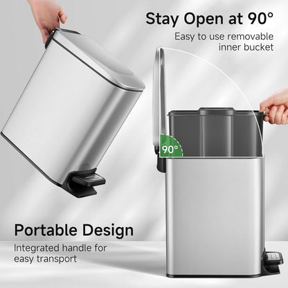 TIPGO Slim Bathroom Trash Can with Lid Soft Close, Step Pedal, 6 Liter / 1.6 Gallon Stainless Steel Trash Bin, Small Garbage Cans for Bedroom, Office, Kitchen (Silver)