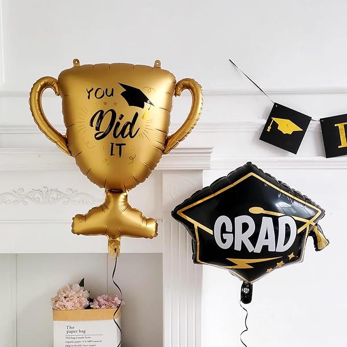 135Pcs Black Gold White Graduation Balloon Garland Arch Kit,with Explosion Star,Diploma,Trophy,Grad Hat,Photo Frame Foil Balloons for Congrats Class of 2026 Graduates Celebrations Party Decoration
