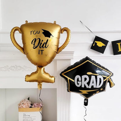 135Pcs Black Gold White Graduation Balloon Garland Arch Kit,with Explosion Star,Diploma,Trophy,Grad Hat,Photo Frame Foil Balloons for Congrats Class of 2026 Graduates Celebrations Party Decoration