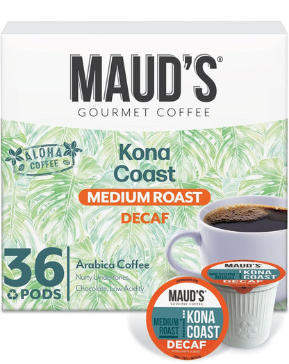Maud's Decaf Kona Coffee Pods, 36 ct, Decaffeinated Medium Roast Coffee in Recyclable Single Serve Pods – 100% Arabica Coffee
