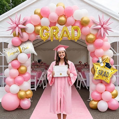 Pink and White Gold Grad Balloon garland arch kit 145pcs With Large Gold Star GRAD Letter balloons for 2026 graduations decorations Prom girl's birthday party supplies