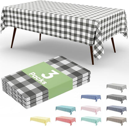 Smiry 3 Pack Grey Gingham Disposable Tablecloths - 54" x 108" Heavy Duty Plastic Table Cloth, Waterproof Buffalo Plaid Table Covers for Picnic, Banquets, Outdoor Parties