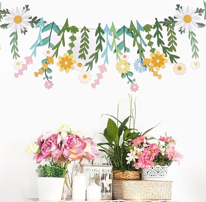 Daisy Flower Banner Wildflower Party Decorations Leaves Banner Paper Flower Garland Daisy Groovy for Wall Decoration Spring Baby Shower Wedding Backdrop Decorations