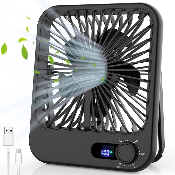 Small Desk Fan, 100 Speeds Personal Fan Portable Rechargeable with Battery Powered, 180°Tilt Adjustable Quiet Bedroom Fan, Home Beach Camping Travel Office Desk Accessories, Black