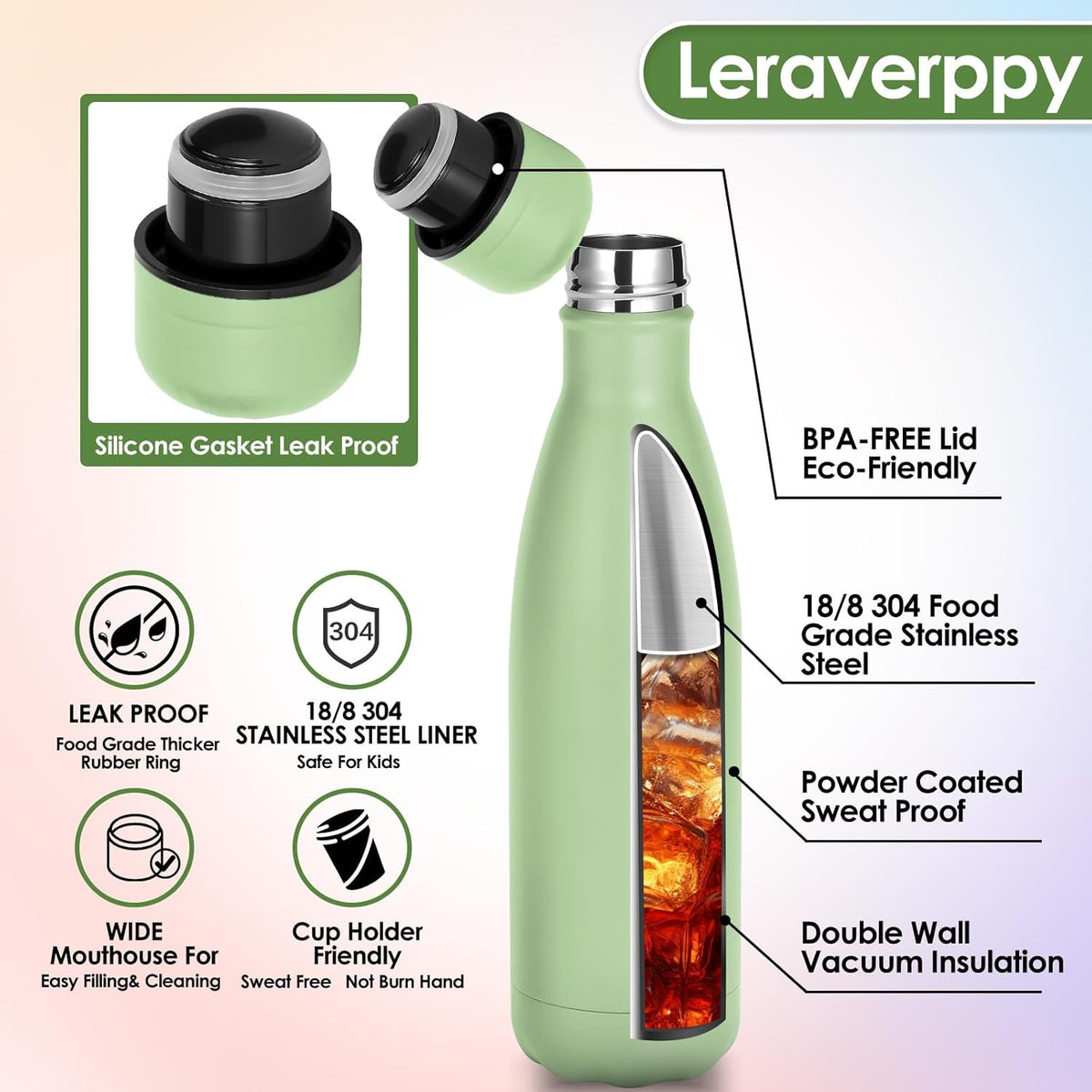 17oz Cola-Bottle Shaped Stainless Steel Leak-proof Water Bottle,Double Wall Vacuum Insulated Metal,Travel Mug For Sports Indoors & Outdoors,BPA-Free School Kids Flasks,Green(1Pack)