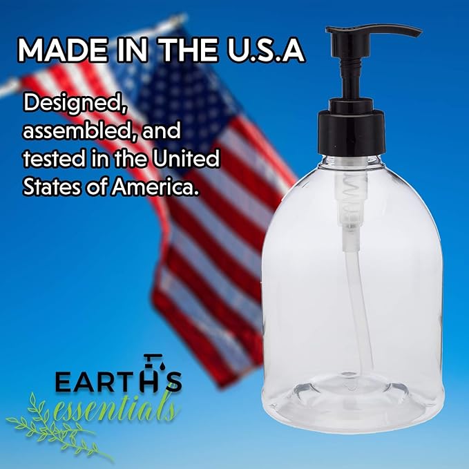 (2 Pack) Earth's Essentials Versatile 16 Ounce Refillable Designer Pump Bottles. Excellent Liquid Hand Soap, Homemade Lotion, Shampoo and Massage Oil Dispensers. Shatterproof PET Plastic.