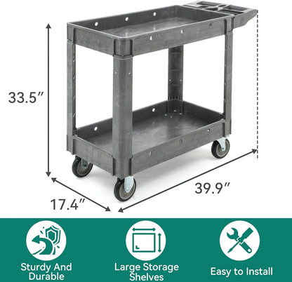 YITAHOME Utility Cart on Wheels, 550 lbs Capacity Service Cart, 40 x 17 Inch Rolling Work Carts, 2 Shelf Heavy Duty Plastic Cart Suitable for Warehouse, Garage, School & Office, Cleaning, Gray