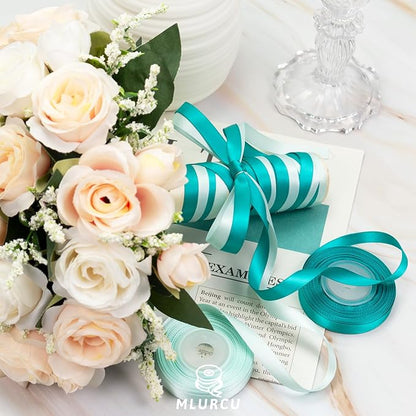 Teal Ribbon 3/8 Inch x 60Yards Double Faced Satin, Dark Teal, Aqua, Turquoise, Jade, Peacock, Mint Green, Blue and Green Ribbon for Flower Bouquet, Gift Wrapping, Wedding, Bridal Shower, Bows & Crafts