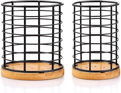 2-Piece Metal Kitchen Utensil Holder Set, Black Crocks with Wooden Bases, 5.1"×5.1"×5.8" & 3.7"×3.7"×5.8" Sizes