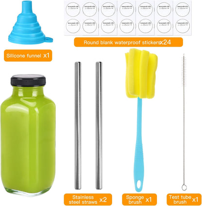 Cucumi 24pcs 16oz Glass Juice Bottles with Lids, Reusable Vintage Glass Drinking Bottles with Blank Labels, Brush, Straws, Funnel for Storing Tea
