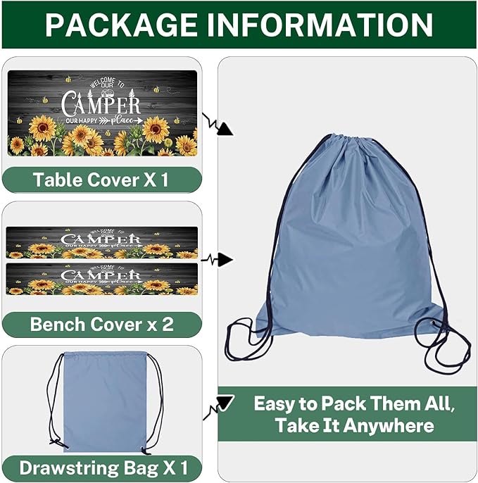 Sunflower Picnic Table Cover with Bench Covers, Rustic Grey Wooden Summer Floral Farmhouse Outdoor Camping Essentials 6FT 3PCS Fitted Rectangle RV Must Haves Tablecloth with Drawstring Bag