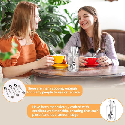 6 Pcs Mini Coffee Spoons with Holder 4.7 inch Demitasse Espresso Stainless Steel Spoons Silver with Acrylic Cylinder Holder for Coffee Bar Home Tea