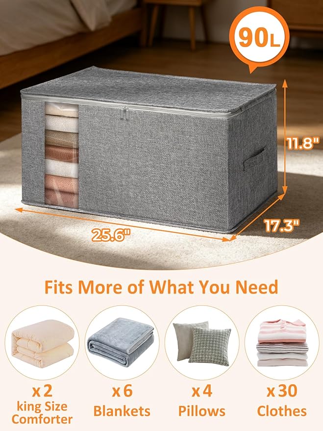 punemi King Size Comforter Storage Bag w/Sturdy Structure, 90L Extra Large Blanket Storage Bag for Bedding, Pillows, Quilts&Duvets, Stackable Closet Organizer with Clear Window,25.6x17.3x11.8in,Gray