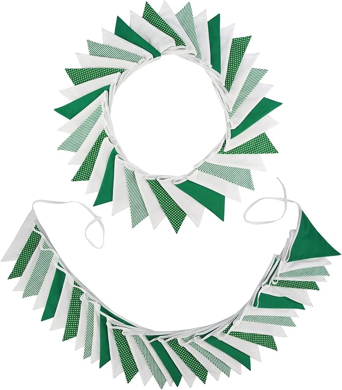 Zwiebeco 32Ft Green White Stripe Dot Fabric Bunting Banner Triangle Flags Cotton Garland Pennant for Birthday Wedding Baby Shower Hen Spring Tea Party Classroom Nursery Home Outdoor Garden Decorations