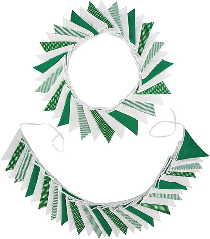 Zwiebeco 32Ft Green White Stripe Dot Fabric Bunting Banner Triangle Flags Cotton Garland Pennant for Birthday Wedding Baby Shower Hen Spring Tea Party Classroom Nursery Home Outdoor Garden Decorations