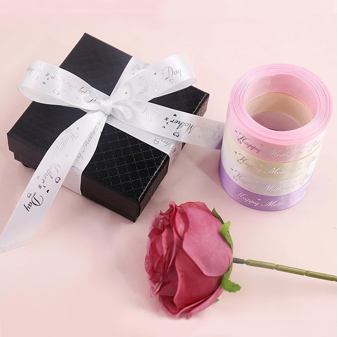 Mother’s Day Ribbon Set – 4 Rolls Satin Gift Ribbons with Gold Foil Letters – 5 Yards Each, 19mm – Happy Mother's Day – Gift Wrap, Crafting, DIY Decoration (4)