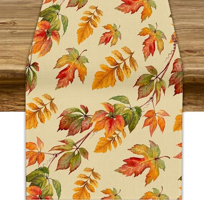 Fall Table Runner, Autumn Orange Yellow Maple Leaves Rustic Thanksgiving Farmhouse Table Cover for Kitchen Dinning Table Indoor Outdoor Party Decor, 13x70inch