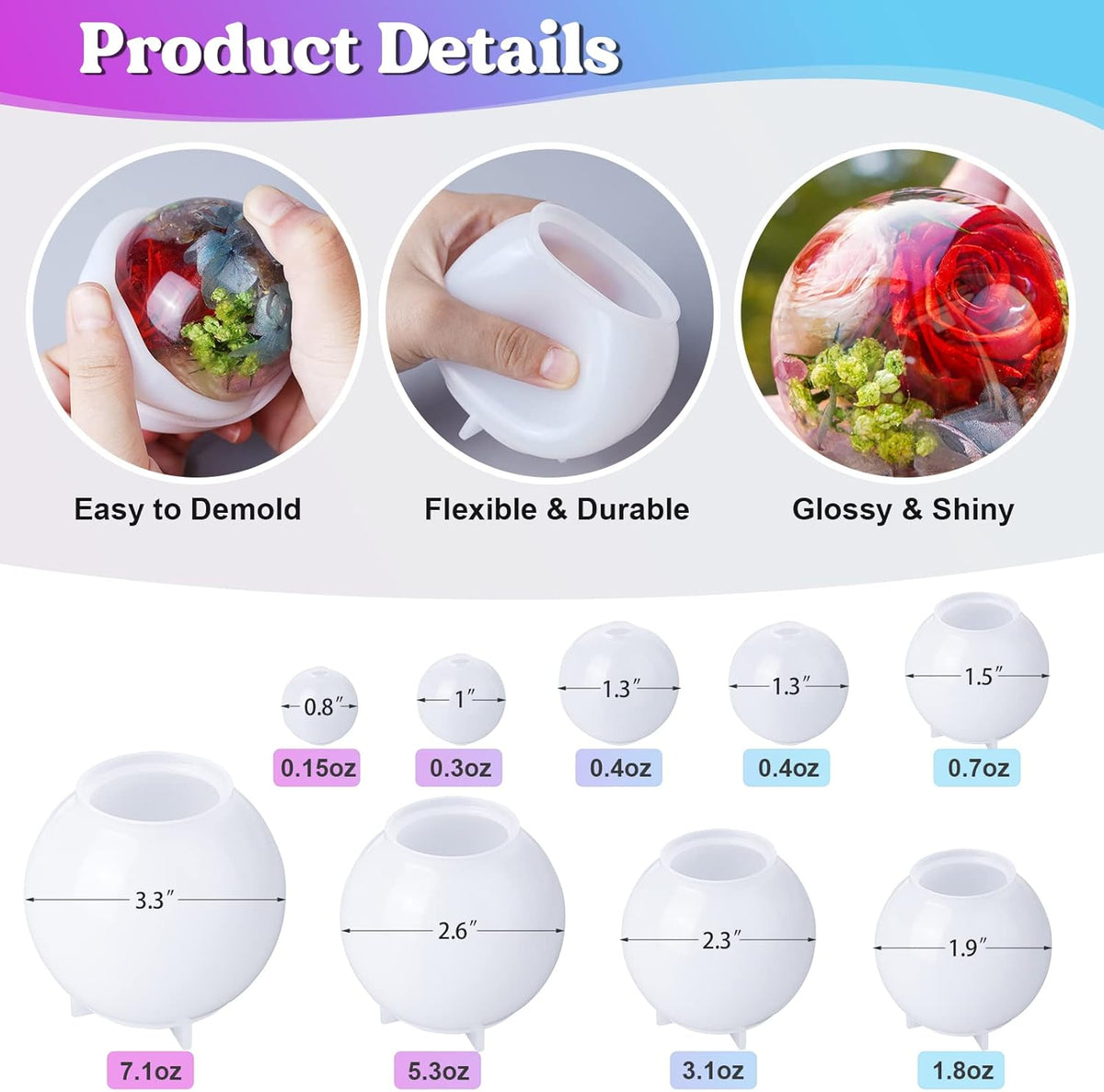 LET'S Resin 9 Pcs Sphere Silicone Molds for Resin, Upgraded Seamless 3D Sphere Resin Molds Silicone