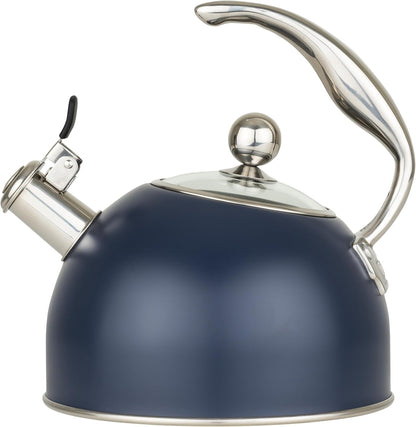 Viking 3-Ply Stainless Steel Tea Kettle, 2.6 Quart Stovetop Hot Water Pot with Tempered Glass Lid, Ergonomic Handle, Induction Ready, Slate and Blue
