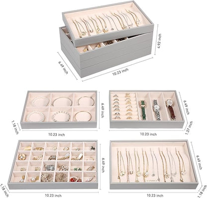 LANDICI Stackable Jewelry Organizer Trays 4 Set,PU Leather Jewelry Organizer Drawer,Jewelry Storage Display Tray for Earring Necklace Rings Bracelet with Removable Dividers,Grey