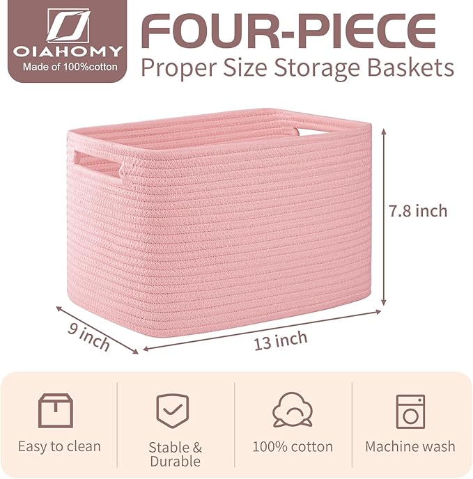 OIAHOMY 4 Pack Storage Baskets for Organizing, Cube Storage Bins for Shelves, Rectangle Storage Baskets With Handles, Woven Baskets for Storage, 12.7''Lx9''Wx7.8''H, Pink