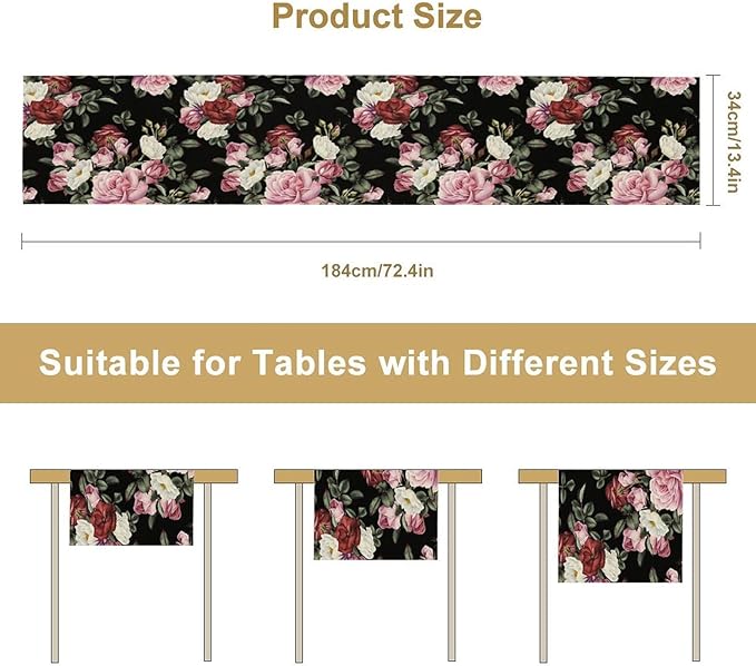 Gothic Floral Table Runner,Vintage Pink Red Rose Flower Print Table Runner for Kitchen Dining Table Indoor Outdoor Home Party Decor,Black 13x90in