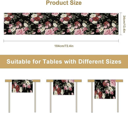 Gothic Floral Table Runner,Vintage Pink Red Rose Flower Print Table Runner for Kitchen Dining Table Indoor Outdoor Home Party Decor,Black 13x90in