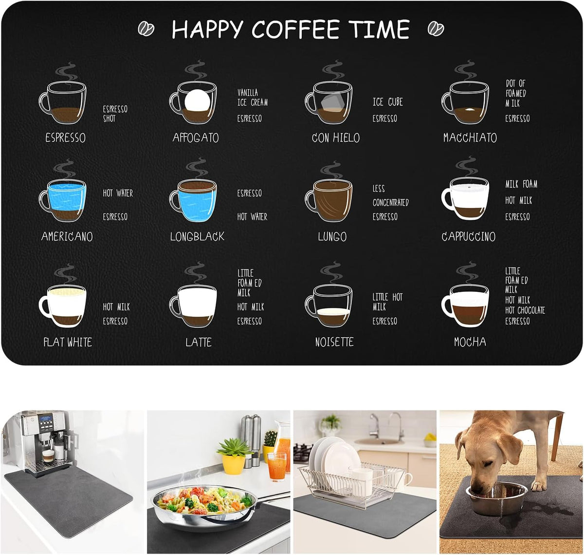 Matace Designer Coffee Bar Mat, Large 16 x 24 Inches, Rubber Backing, Absorbent Dish Drying Mat for Kitchen Countertop, Heat Resistant, Black