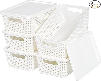 Plastic Storage Baskets With Lid, Storage Bins for Organizing, Stackable Decorative Containers for Shelves Drawers Desktop Closet Playroom Classroom Office, 6 Pack- White