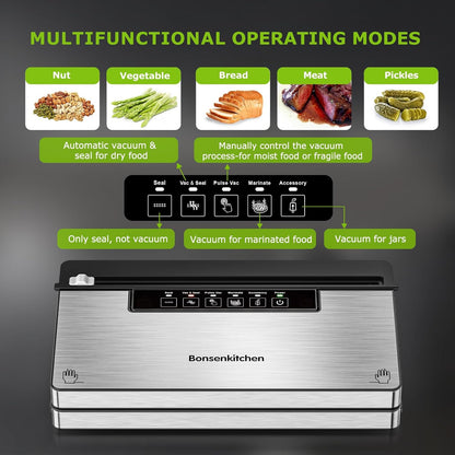 Bonsenkitchen Vacuum Sealer Machine, Stainless Steel Food Sealer Vacuum Sealers with 100 Bags & 1 Roll, 5 Food Vacuum Modes, Built-in Cutter & Bag Storage, Black