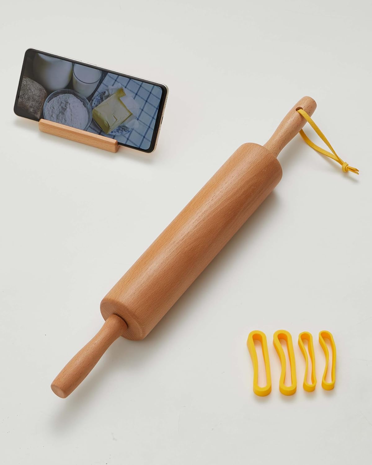 Classic Wood Rolling Pin, 17" Rolling Pins for Baking with Silicone Mat and Adjustable Thickness Rings, Pasta Roller with Wood Base