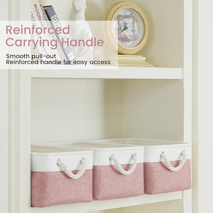 Storage Baskets for Shelves 13.8x9.8x6.7 Inch, Foldable Fabric Storage Bins with Handles, Small Storage Baskets for Organizing Closet, Office, Home Organization (6-Pack, White&Pink)