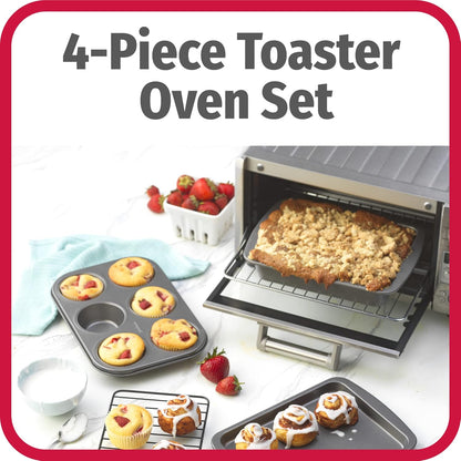 GoodCook 4-Piece Nonstick Steel Toaster Oven Set with Sheet Pan, Rack, Cake Pan, and Muffin Pan, Gray, 4-Piece Set Distributes Heat Evenly