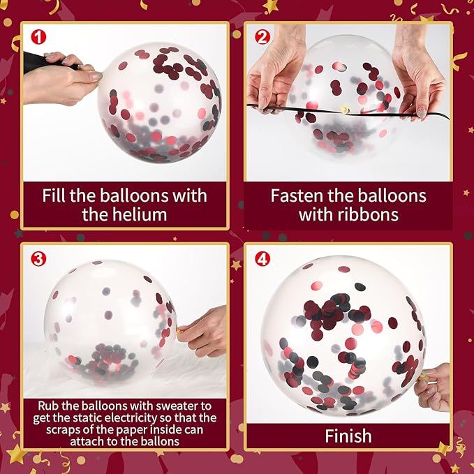 Sratte 60 Pcs 12 Inch Black Red White Balloons Kit Valentine's Day Decorations Confetti Latex Metallic Balloons with 2 Rolls Ribbon Party Favor for Memorial Day Birthdays