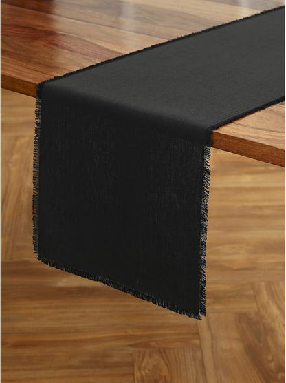 Solino Home Linen Black Table Runner 90 Inches Long - Fringe, 100% Pure Linen 14 x 90 Inch Table Runner for Fall, Autumn, Halloween, Thanksgiving, Christmas, Holiday