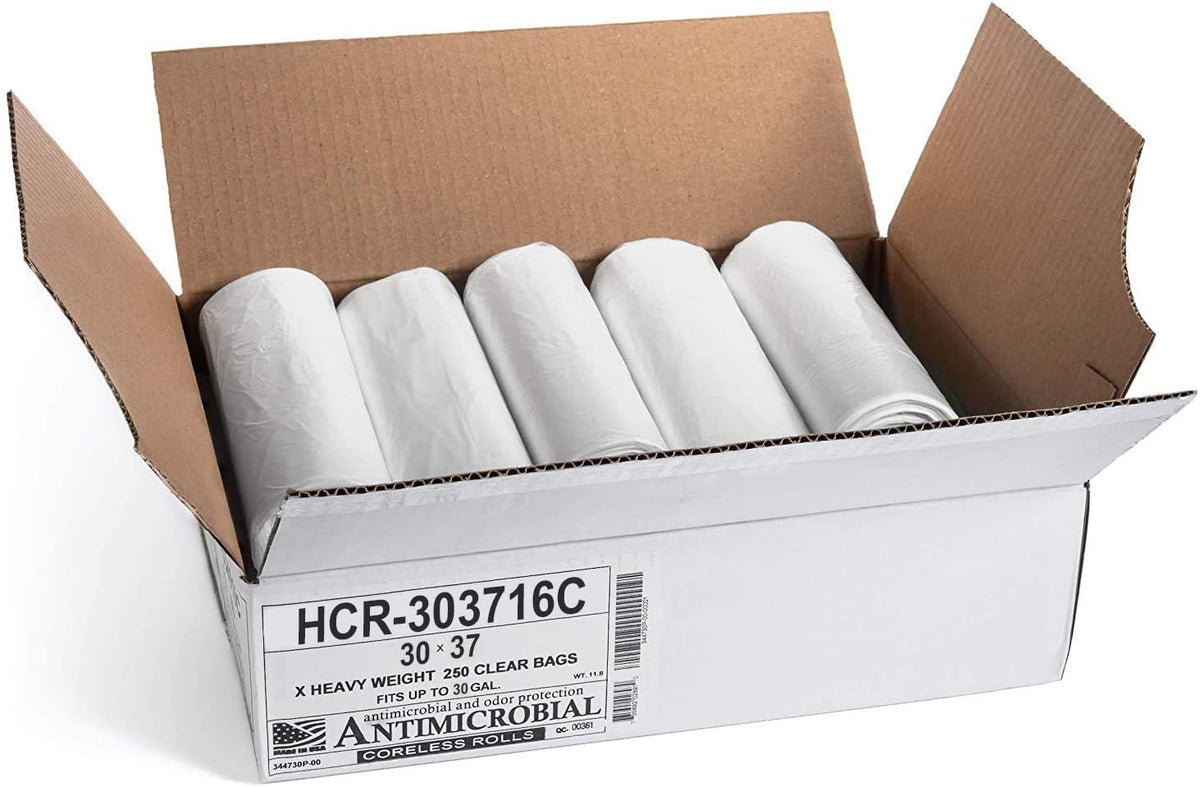 Aluf Plastics High Density Trash Bags, 30 Gallon, 500 Count, 16 Micron (eq), 30" x 37", Clear, for Bathroom, Office, Industrial, Commercial, Janitorial, Municipal, Recycling