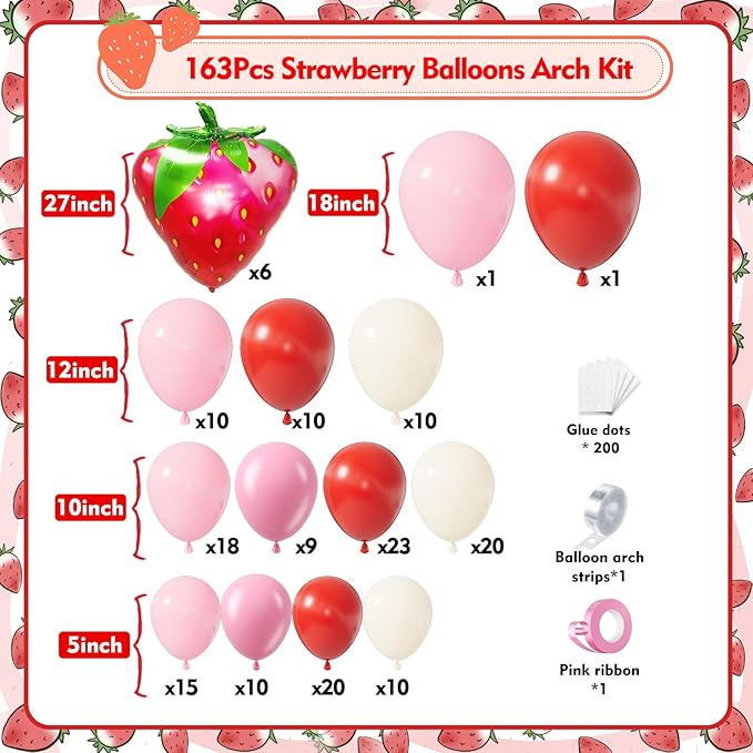 Strawberry Balloons Garland Arch Kit 163pcs with 27" Strawberry Foil Balloons, Red and Pink white Balloons for Sweet Girl Berry First Birthday Themed Baby Shower Strawberry Party Decorations