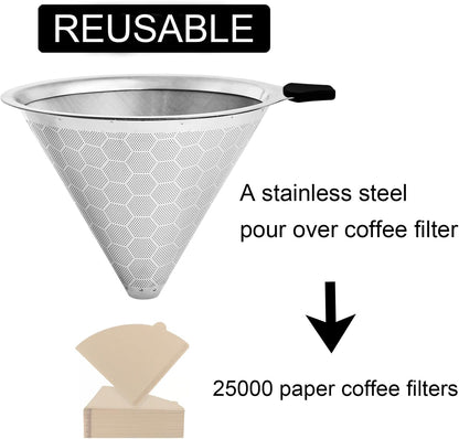 Pour Over Coffee Filter Compatible with Chemex & Hario V60 02 03, Reusable Stainless Steel Metal Cone Slow Drip Coffee Filter