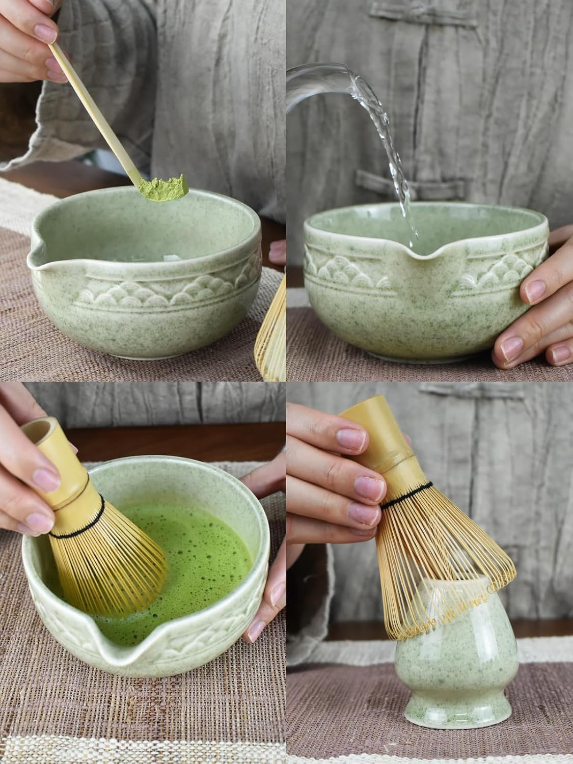 Artcome Matcha Tea Set with Pouring Spout - Green Ceramic Matcha Bowl, Bamboo Whisk, Whisk Holder, Tea Scoop & Matcha Tea Manual for Traditional Japanese Tea Ceremony - Ideal for Gift - Light Green