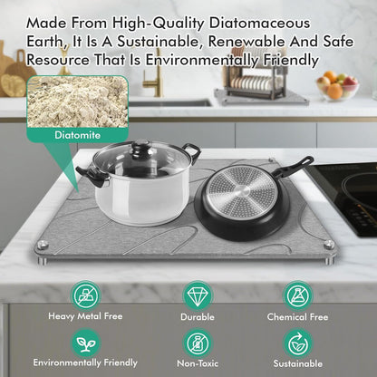 Stone Drying Mat For Kitchen Counter Superb Absorbent Diatomaceous Earth Mats with Non-Slip Feet Quick Dry Stone Dish Drying Pad Dish Pad Multi-Purpose(Flow Line-MediumGray, 15.7" x 11.8")