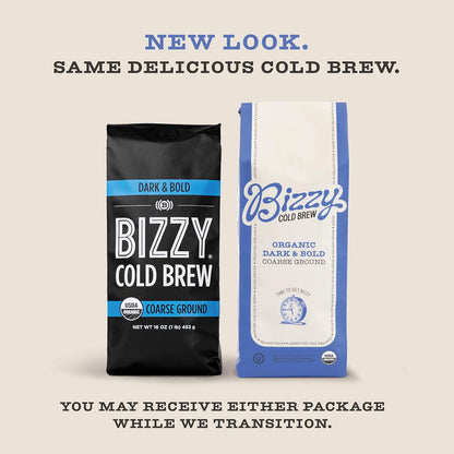 Bizzy Organic Cold Brew Coffee, Dark & Bold Blend, Coarse Ground Coffee, Dark Roast, Micro Sifted, Specialty Grade, 100% Arabica, 1 LB