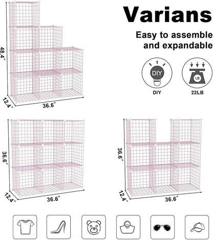 C&AHOME Wire Cube Storage, 9 - Cube Organizer Metal C Grids, Modular Shelves Units, Closet Organizer, Ideal for Home, Office, Living Room, 36.6”L x 12.4”W x 48.4”H, Pink UWCS3009P