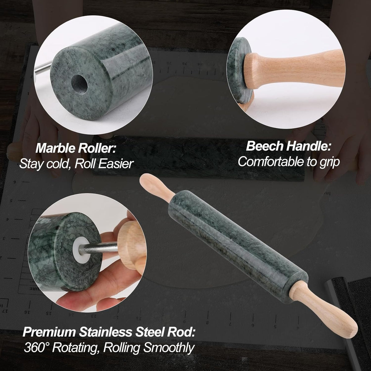 Koville Indian Natural Marble Rolling Pin, Non-Stick Polished Dough Roller, Pasta, Dumpling, Fondant, Pie Crust, Bread, Pizza Dough