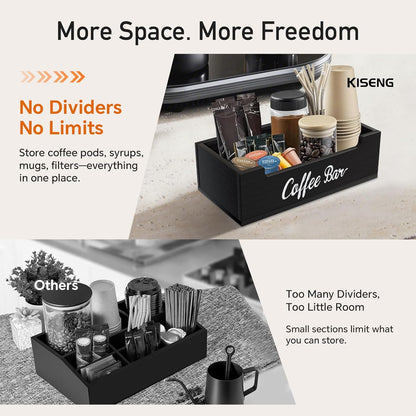 Coffee Pod Bar Station Wooden 13" X 7" X 4" Organizer Box for Countertop, Counter Top Tea Espresso Cup Wood Storage Box, Black