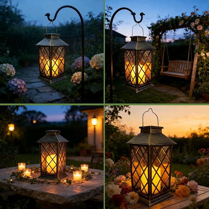 Solar Garden Lanterns Hanging Outdoor Lantern Waterproof LED Flickering Flameless Candle Mission Lights for Table,Outdoor，Mothers Day Gifts Mom Wife (2pack)