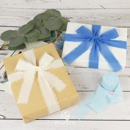 Blue Chiffon Ribbon 1 Inch x 21Yds Handmade Fringe Chiffon Silk Ribbon Blue & Cream Frayed Chiffon Ribbon for Baby Shower Wedding Invitation Flower Bouquets Gift Wrapping