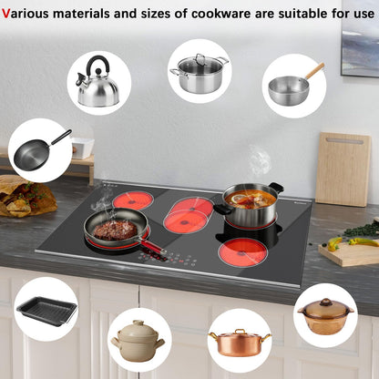 Karinear Electric Cooktop 36 Inch, 5 Burners Electric Stove Top, Built-in Glass Radiant Electric Ceramic Cooktop, Expandable Zones, Lock, Timer, Pause, Metal Edged Protection, 8400W 220~240v Hardwired
